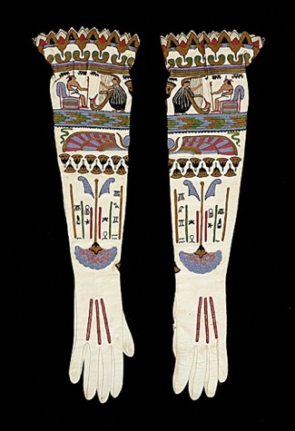 A pair of women's gloves with hieroglyphic motifs. From France, circa 1925.