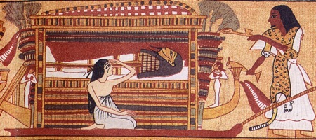 From a facsimile of the Egyptian Book of the Dead. Here, a priest, clad in a leopard skin, leads a funeral procession From a facsimile of the Egyptian Book of the Dead. Here, a priest, clad in a leopard skin, leads a funeral procession