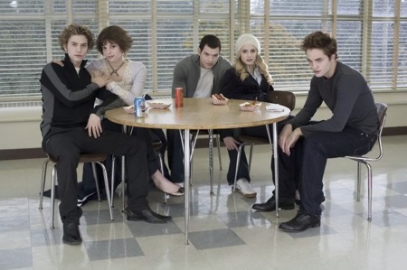 The perfect, beautiful, perfect, pure, pale, white, perfect Cullens in the school cafeteria.