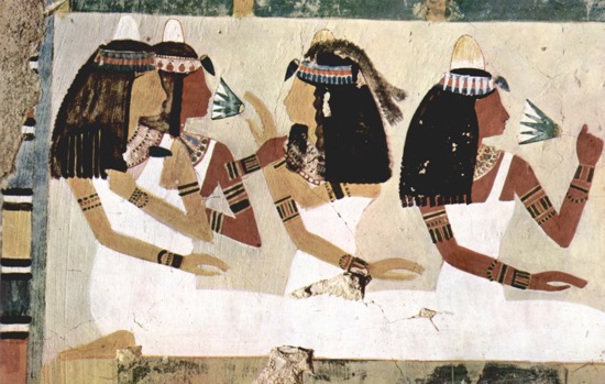 Detail from the tomb of Neferenpet. Judging by their wigs, jewelry and presentation, these women are high status