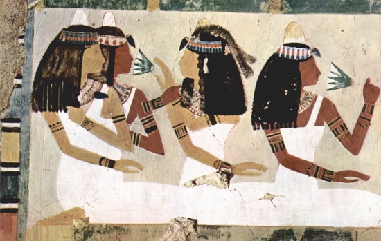 Detail from the tomb of Neferenpet. Judging by their wigs, jewelry and presentation, these women are high status Detail from the tomb of Neferenpet. Judging by their wigs, jewelry and presentation, these women are high status