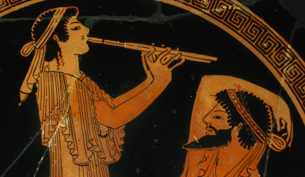 Banqueter and musician, detail. Tondo from an Attic red-figure cup, ca. 490 BC. Found in Vulci.